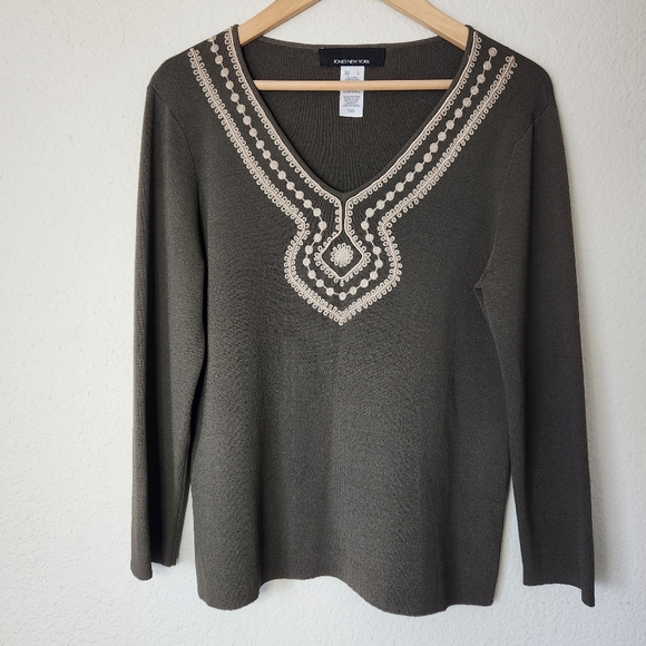 Jones New York Tops - Jones New York Long Sleeve Blouse Embroidered Embellishment Olive Green Size L